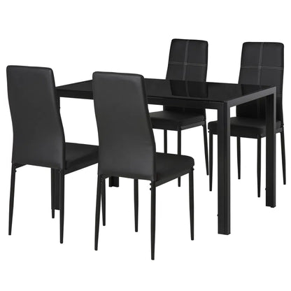 5-Piece Black Glass Dining Table Set – Rectangular Kitchen Table with 4 Faux Leather Chairs (United States & Canada Delivery Only)