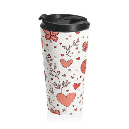 Mug de voyage cœurs dessinés à la main | Papillon et fleurs Saint-Valentin en acier inoxydable