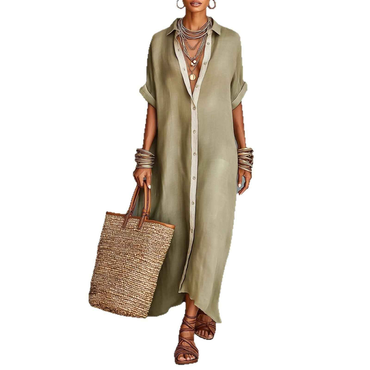 Robe chemisier d'été à manches courtes pour femme – Robe longue à col à revers et boutonnage à l'avant