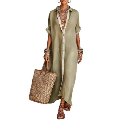 Robe chemisier d'été à manches courtes pour femme – Robe longue à col à revers et boutonnage à l'avant