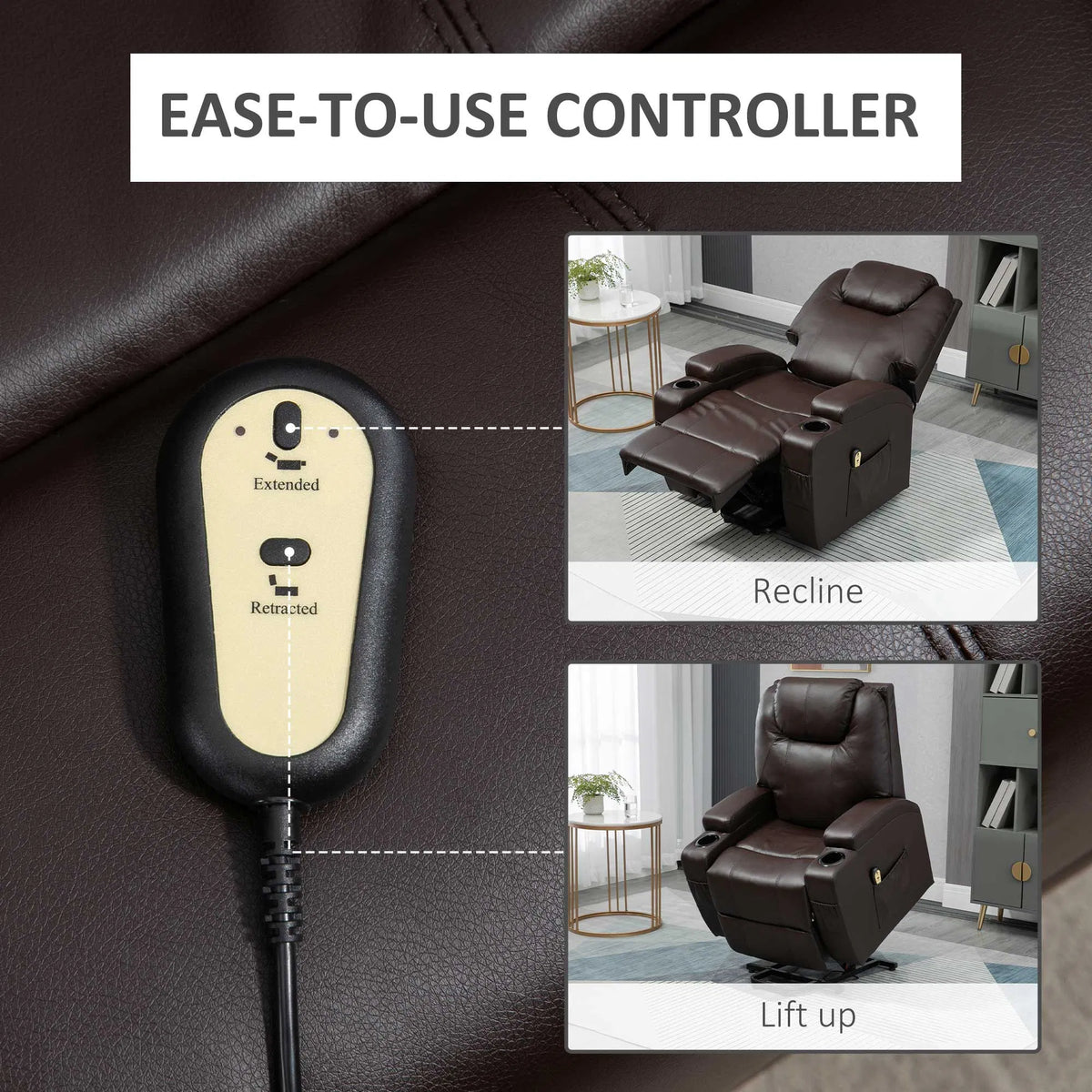 Brown Power Lift Recliner Chair – PU Leather Electric Lift Chair with Footrest, Remote & Cup Holders (United States & Canada Delivery Only)