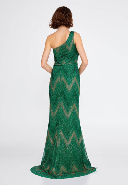 Robe de soirée longue sirène en tulle à perles et à une épaule - Vert émeraude