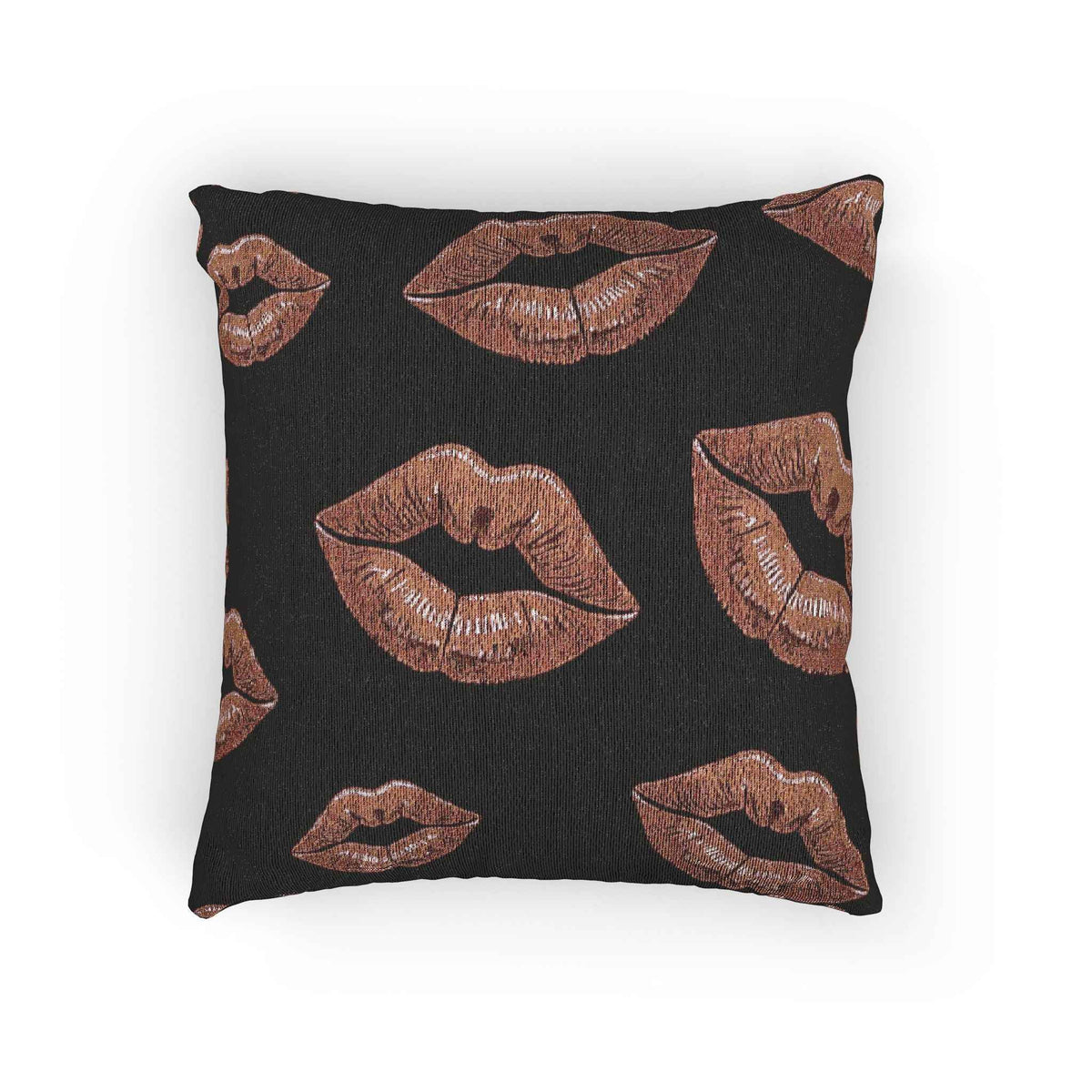 Oreiller tissé imprimé lèvres or rose | Fond noir, coussin décoratif