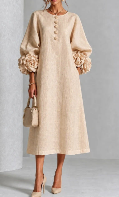 Robe trapèze à fleurs 3D pour femme – Robe de soirée et de mariage style français à manches bouffantes