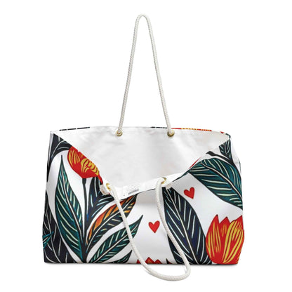 Sac de voyage motif tulipe rouge | Feuilles botaniques et cœurs | Grand cabas pour mamans et voyages