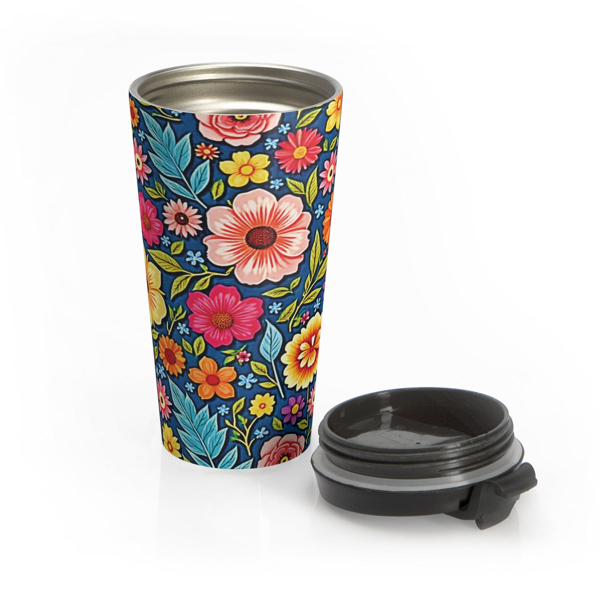 Mug de voyage en acier inoxydable à motif floral coloré | Gobelet de voyage floral