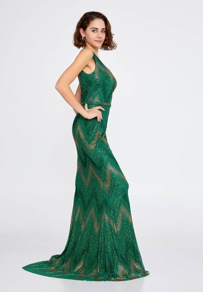 Robe de soirée longue sirène en tulle à perles et à une épaule - Vert émeraude