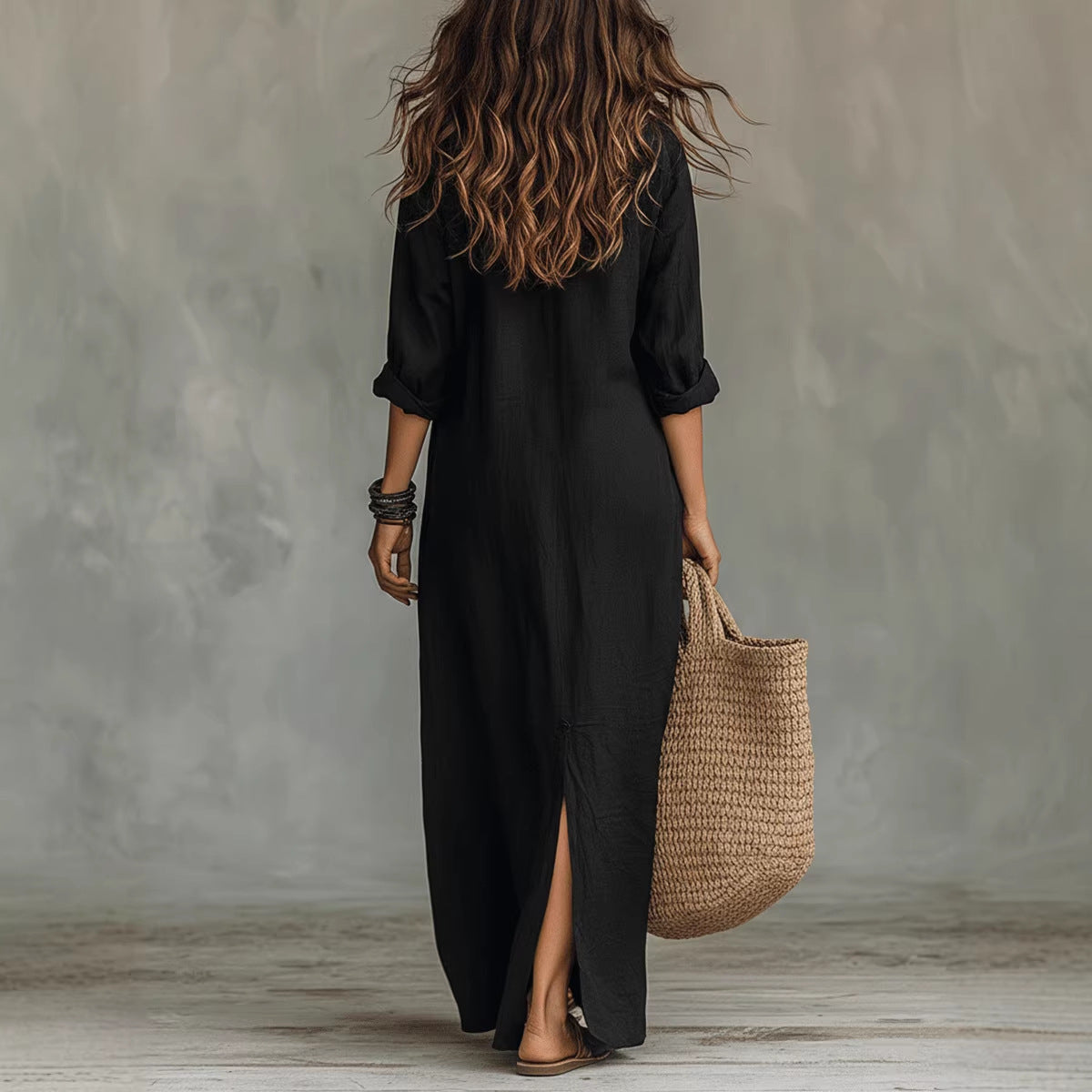 Robe longue à manches longues, décontractée, de couleur unie, col revers, fente latérale, robes de plage, vêtements pour femmes