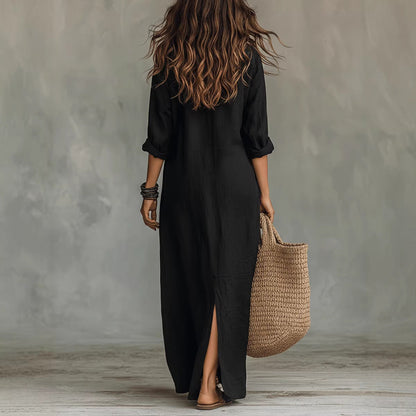 Robe longue à manches longues, décontractée, de couleur unie, col revers, fente latérale, robes de plage, vêtements pour femmes