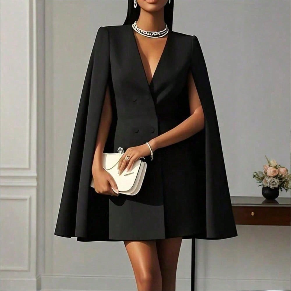 Robe blazer courte à cape élégante pour femme, robe habillée de luxe à double boutonnage, col en V, épaules structurées et manches cape fluides.