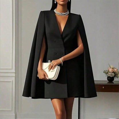 Robe blazer courte à cape élégante pour femme, robe habillée de luxe à double boutonnage, col en V, épaules structurées et manches cape fluides.