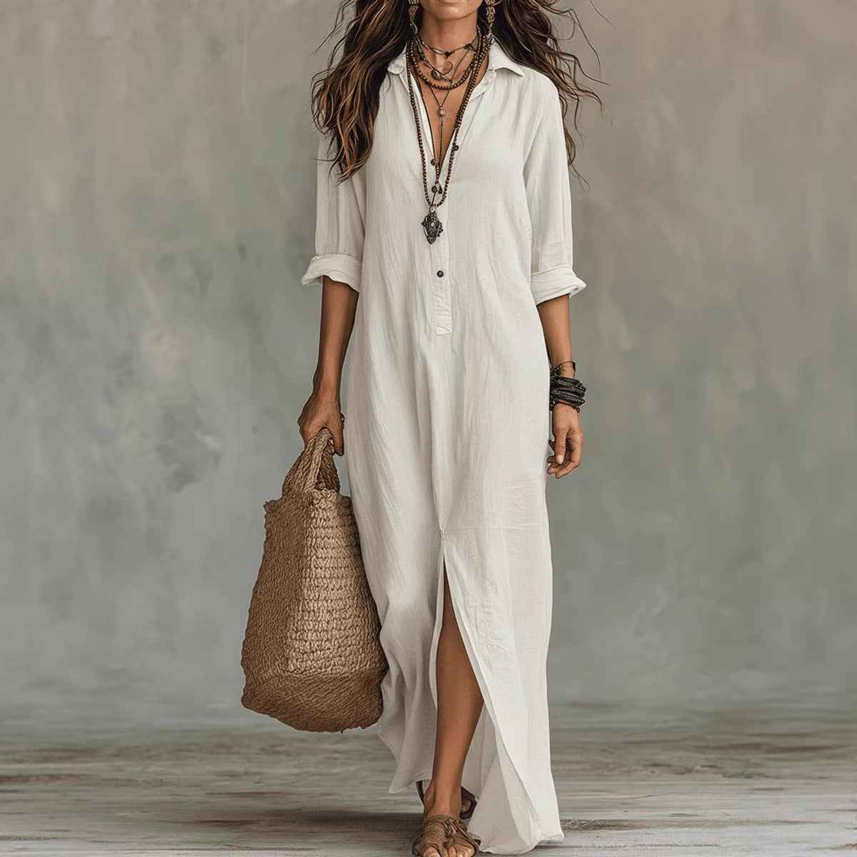 Robe longue à manches longues, décontractée, de couleur unie, col revers, fente latérale, robes de plage, vêtements pour femmes