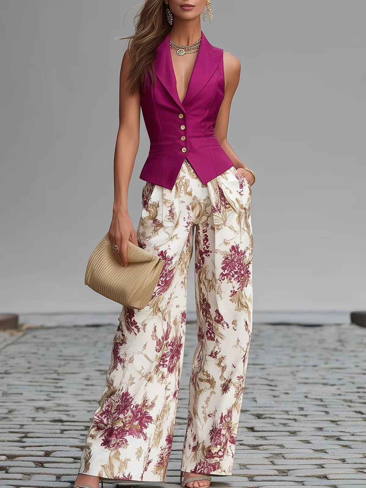 Ensemble deux pièces gilet boutonné élégant et pantalon large amincissant d'été pour femme