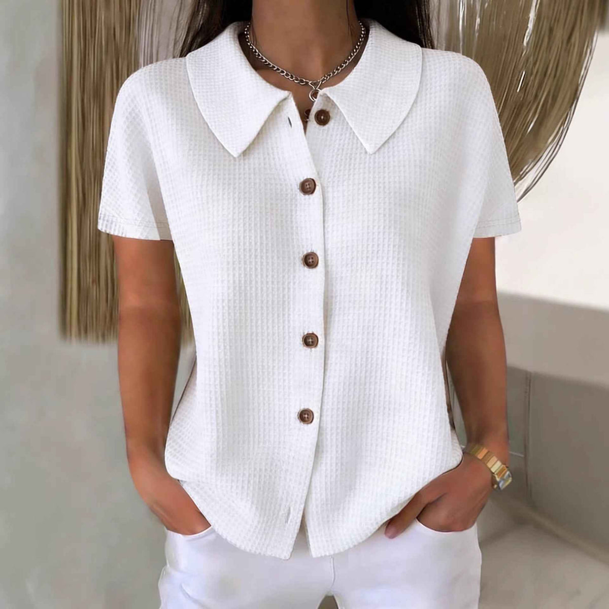 Turn-Down Collar Waffle Weave Solid Color Casual Loose Fit Short Sleeve Shirt - Women's Cotton Blend Lightweight Summer Top For Daily Wear
