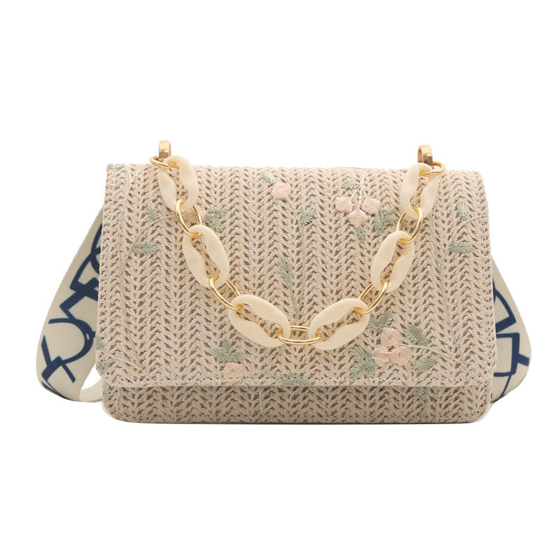 Petit sac bandoulière carré en paille pour femme avec chaîne en acrylique