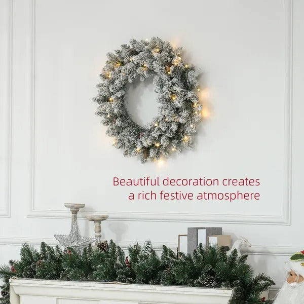 24-Inch Flocked Christmas Wreath with Lights – Green Pine Cones & Berries Holiday Decor (United States & Canada Delivery Only)