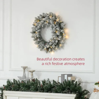 24-Inch Flocked Christmas Wreath with Lights – Green Pine Cones & Berries Holiday Decor (United States & Canada Delivery Only)