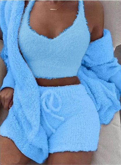 Ensemble pyjama 3 pièces femme avec débardeur court à manches longues et short à cordon de serrage