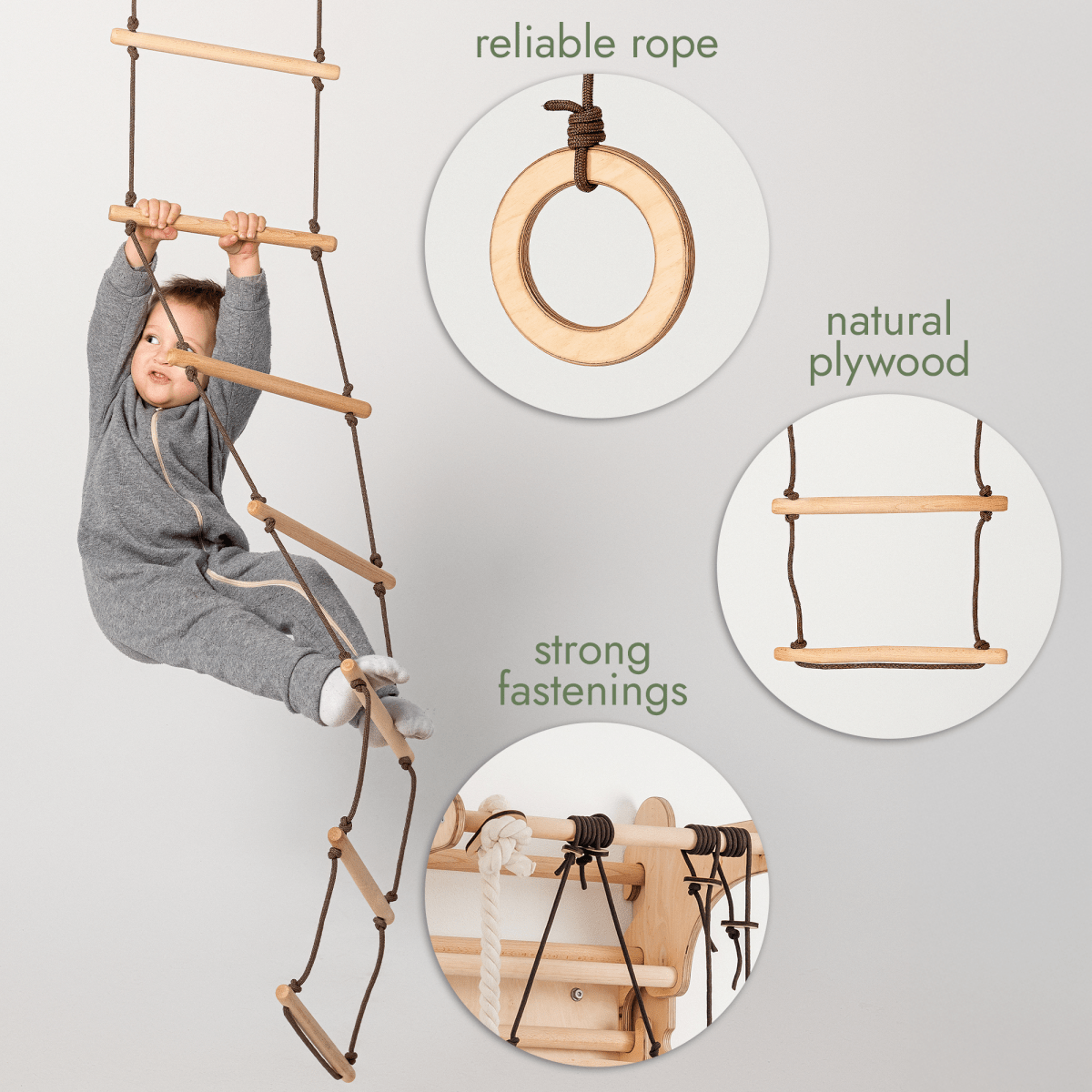 Ensemble de balançoires 3 en 1 : échelle de corde + anneaux de gymnastique + balançoire à disque et corde