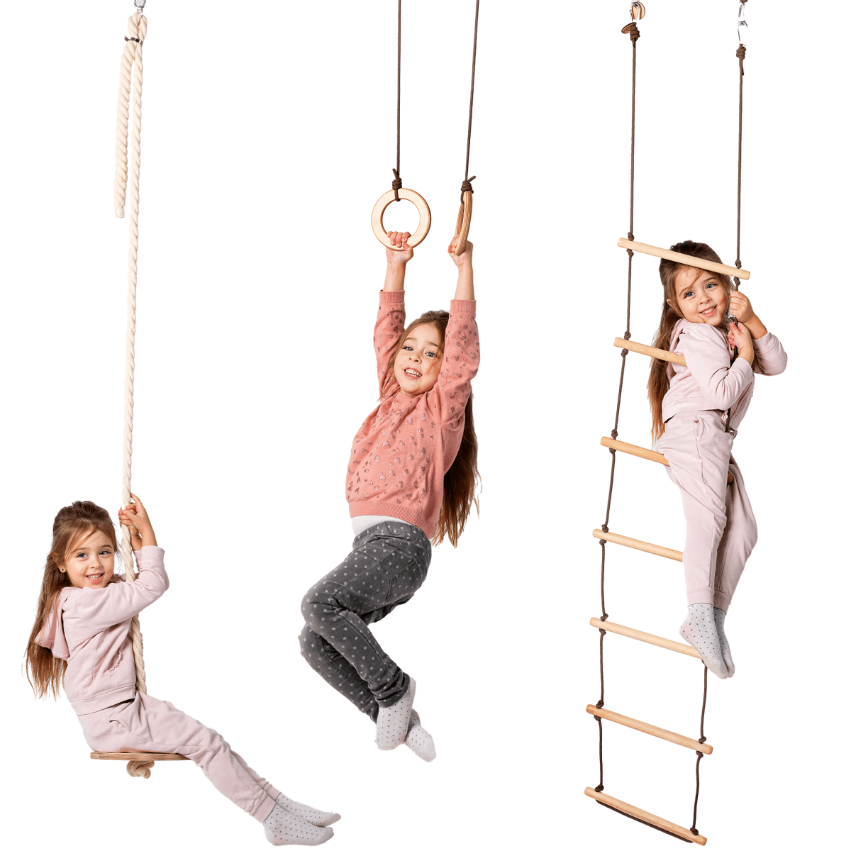 Ensemble de balançoires 3 en 1 : échelle de corde + anneaux de gymnastique + balançoire à disque et corde