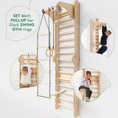 6 en 1 : Espalier suédois en bois / Échelle de grimpe pour enfants + Balançoire + Planche de glisse
