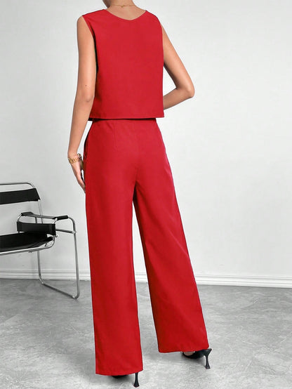 Ensemble deux pièces pour femme : haut court sans manches à col rond et pantalon large – Tenue décontractée unie pour le bureau