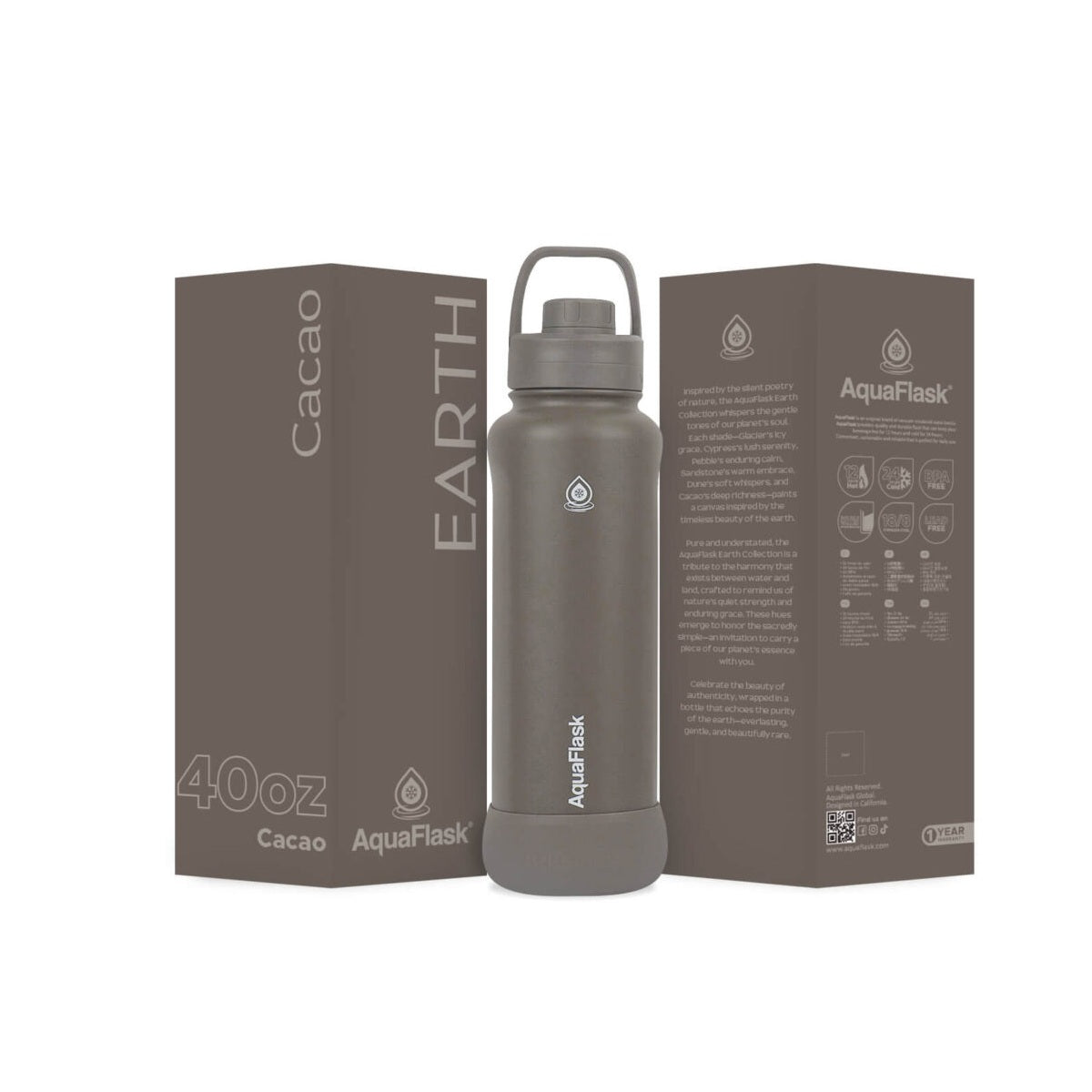 Bouteille d'eau isotherme en acier inoxydable AquaFlask Earth Collection de 1,2 L – Chaud et froid, anti-fuite, réutilisable