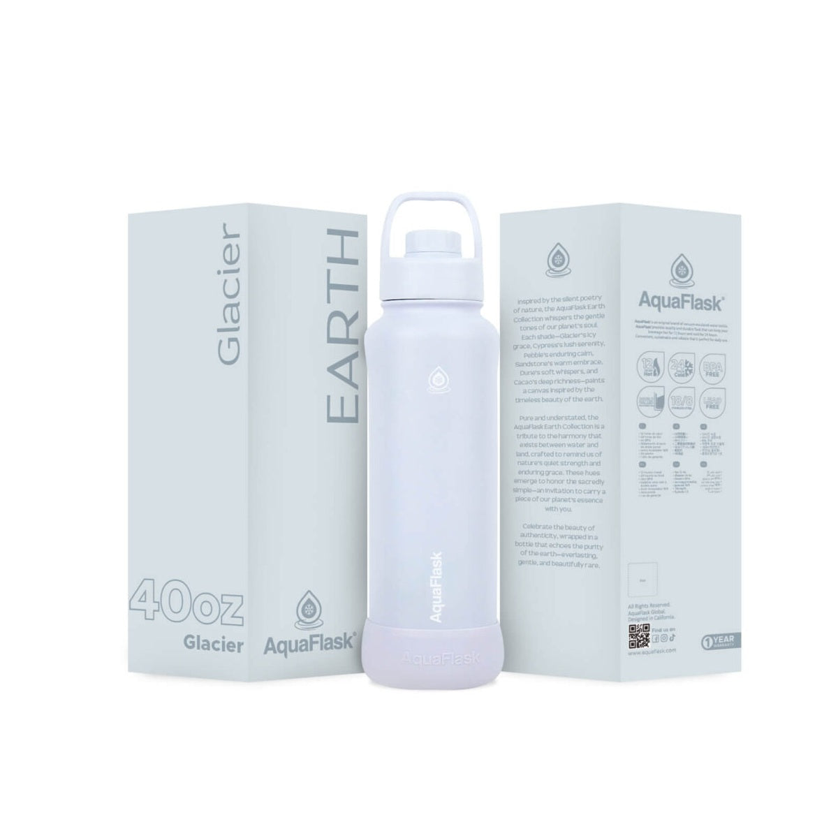 Bouteille d'eau isotherme en acier inoxydable AquaFlask Earth Collection de 1,2 L – Chaud et froid, anti-fuite, réutilisable
