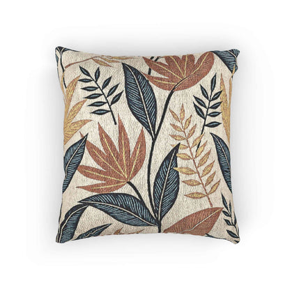 Oreiller tissé à motif de feuilles tropicales | Coussin décoratif botanique, design bleu rouille neutre