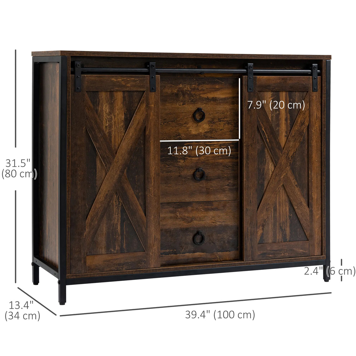 Buffet industriel marron rustique – Desserte de cuisine avec portes coulissantes façon grange, 3 tiroirs et étagères réglables (livraison aux États-Unis et au Canada uniquement)