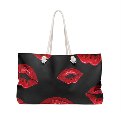 Red Lip Print Weekender Bag | Bold Kiss Pattern, Black Background