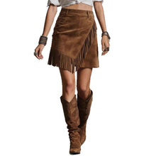 Jupe courte rétro style western en daim pour femme - Jupe moulante à franges
