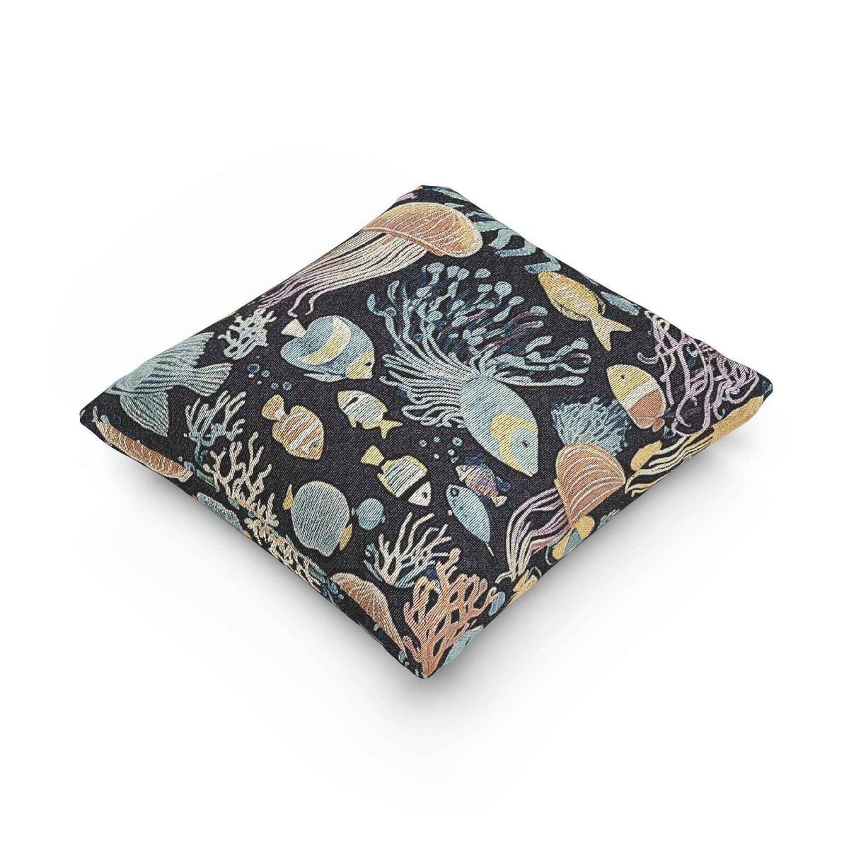 Underwater Jellyfish and Fish Woven Pillow | Ocean Reef Tapestry Cushion
