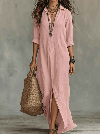 Robe longue à manches longues, décontractée, de couleur unie, col revers, fente latérale, robes de plage, vêtements pour femmes