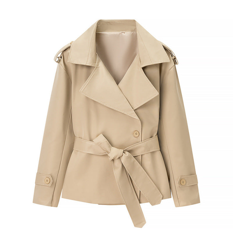 Trench court ceinturé uni pour femme – Veste courte style européen avec nouage à la taille