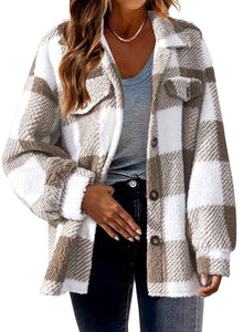Veste à col rabattu à carreaux avec poches, veste en laine à boutonnage simple, vêtements d'automne et d'hiver pour femmes