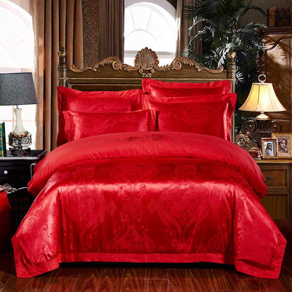 Parure de lit 4 pièces en jacquard de coton – Housse de couette et ensemble de draps à broderies florales pour mariage