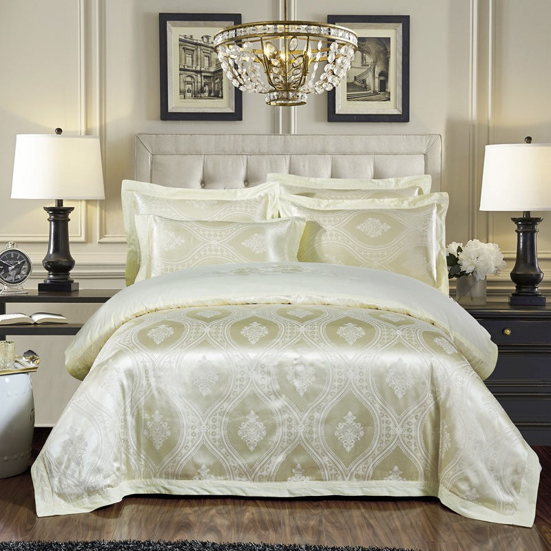 Parure de lit 4 pièces en jacquard de coton – Housse de couette et ensemble de draps à broderies florales pour mariage