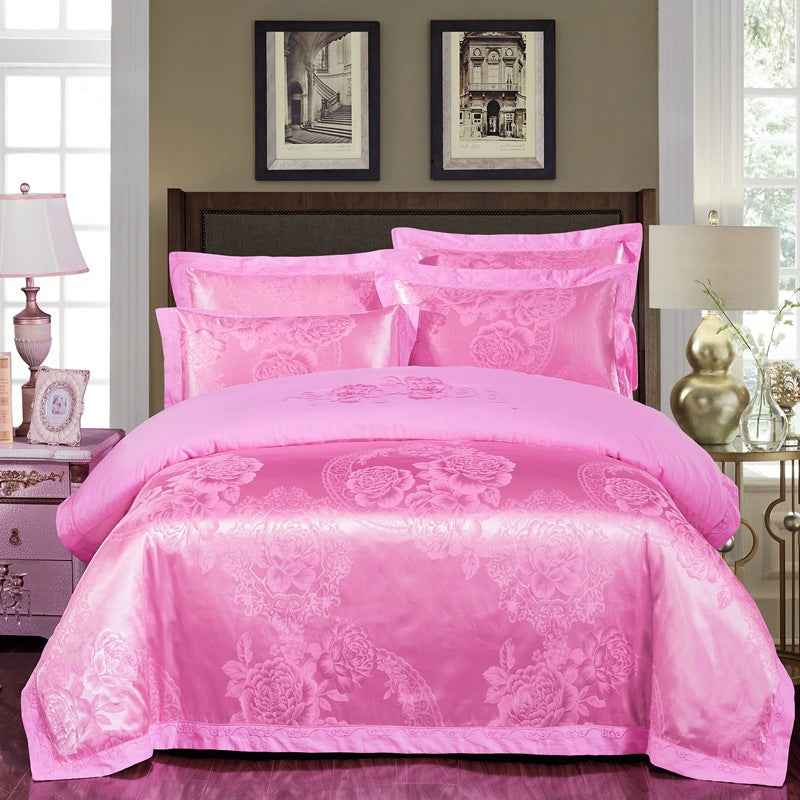 Parure de lit 4 pièces en jacquard de coton – Housse de couette et ensemble de draps à broderies florales pour mariage