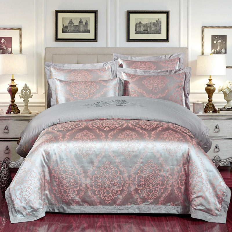 Parure de lit 4 pièces en jacquard de coton – Housse de couette et ensemble de draps à broderies florales pour mariage