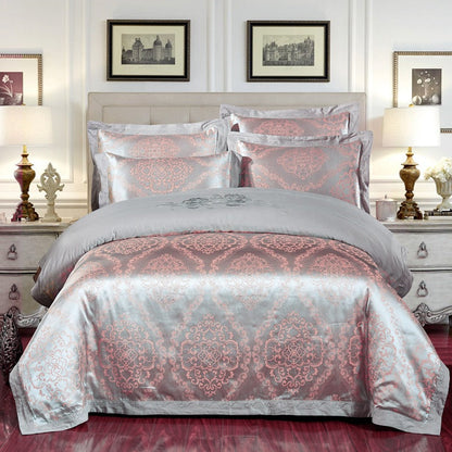 Parure de lit 4 pièces en jacquard de coton – Housse de couette et ensemble de draps à broderies florales pour mariage