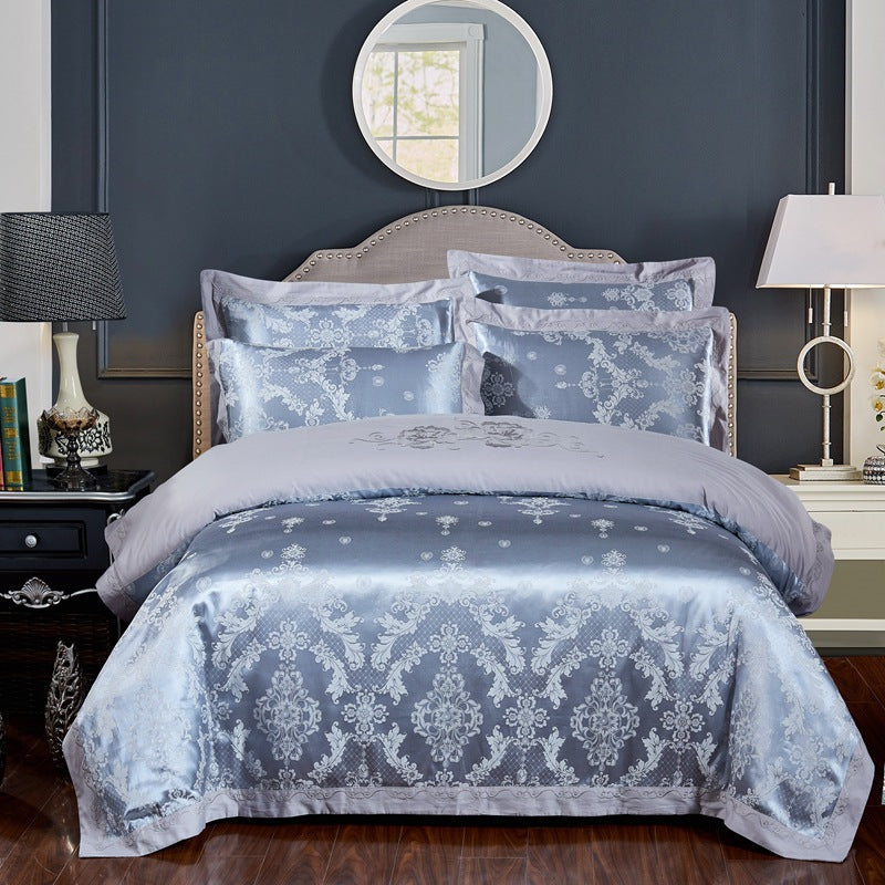 Parure de lit 4 pièces en jacquard de coton – Housse de couette et ensemble de draps à broderies florales pour mariage
