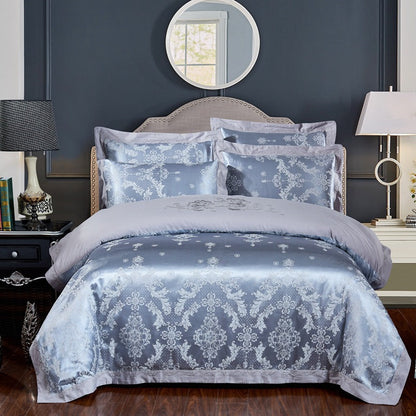 Parure de lit 4 pièces en jacquard de coton – Housse de couette et ensemble de draps à broderies florales pour mariage