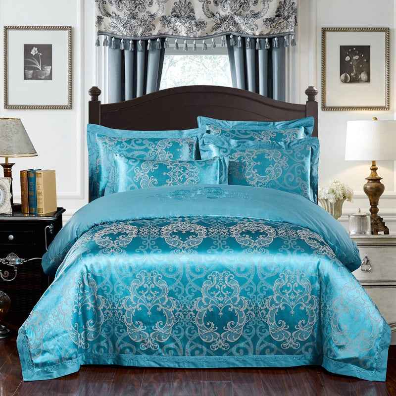 Parure de lit 4 pièces en jacquard de coton – Housse de couette et ensemble de draps à broderies florales pour mariage