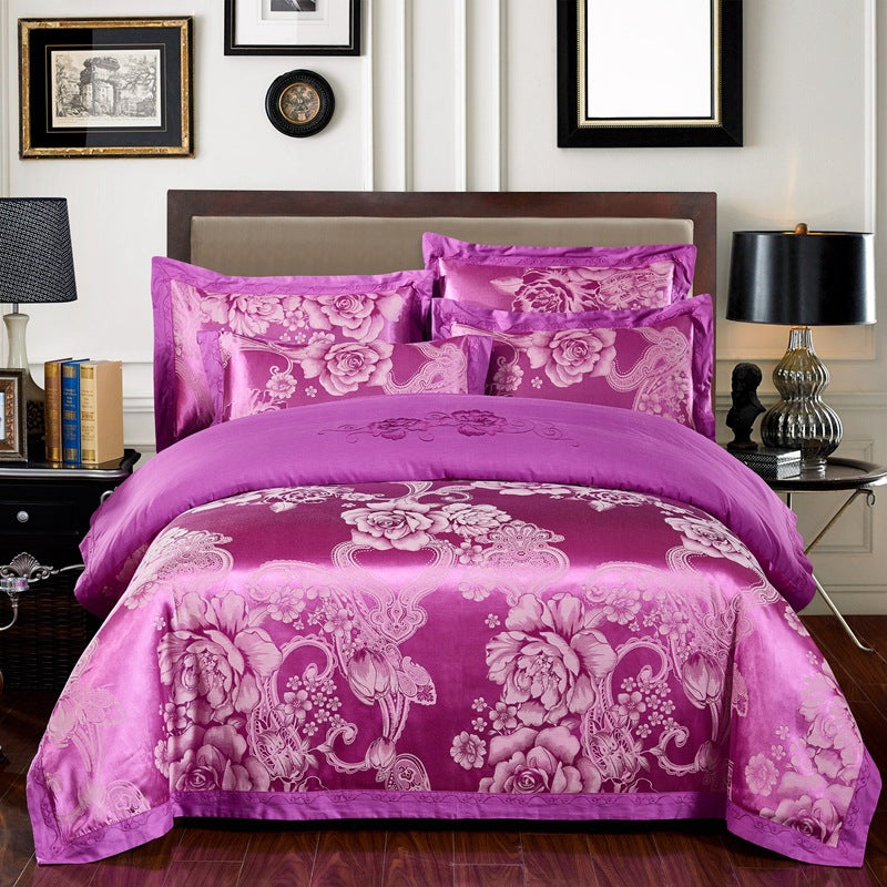 Parure de lit 4 pièces en jacquard de coton – Housse de couette et ensemble de draps à broderies florales pour mariage