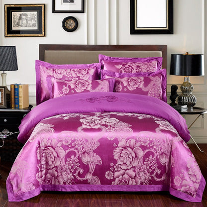 Parure de lit 4 pièces en jacquard de coton – Housse de couette et ensemble de draps à broderies florales pour mariage