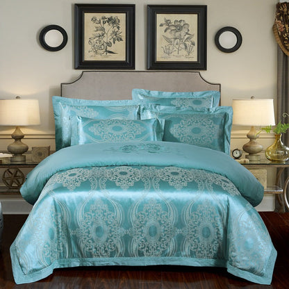 Parure de lit 4 pièces en jacquard de coton – Housse de couette et ensemble de draps à broderies florales pour mariage