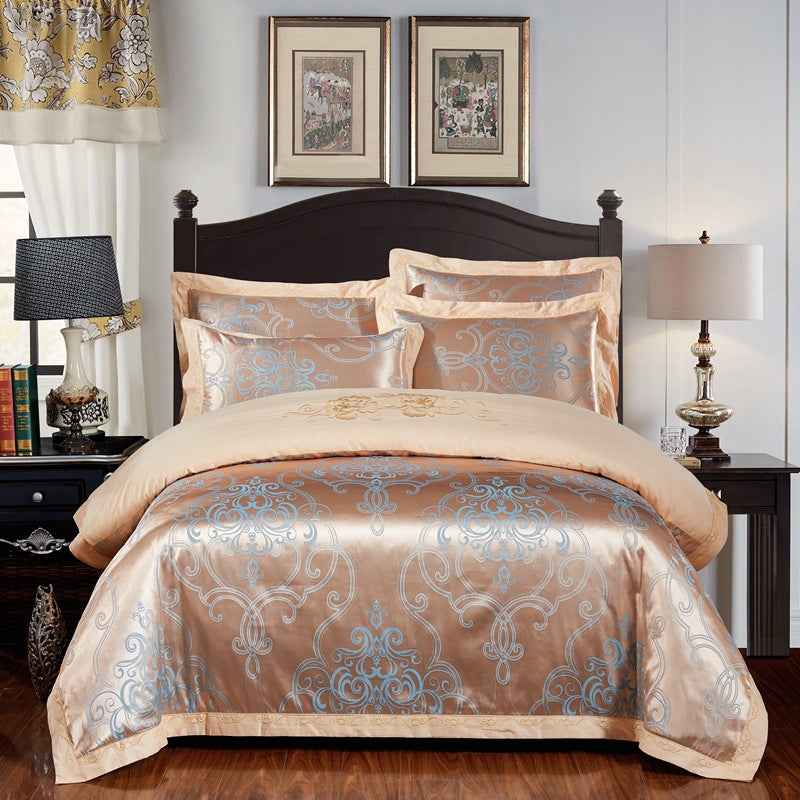 Parure de lit 4 pièces en jacquard de coton – Housse de couette et ensemble de draps à broderies florales pour mariage
