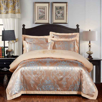Parure de lit 4 pièces en jacquard de coton – Housse de couette et ensemble de draps à broderies florales pour mariage