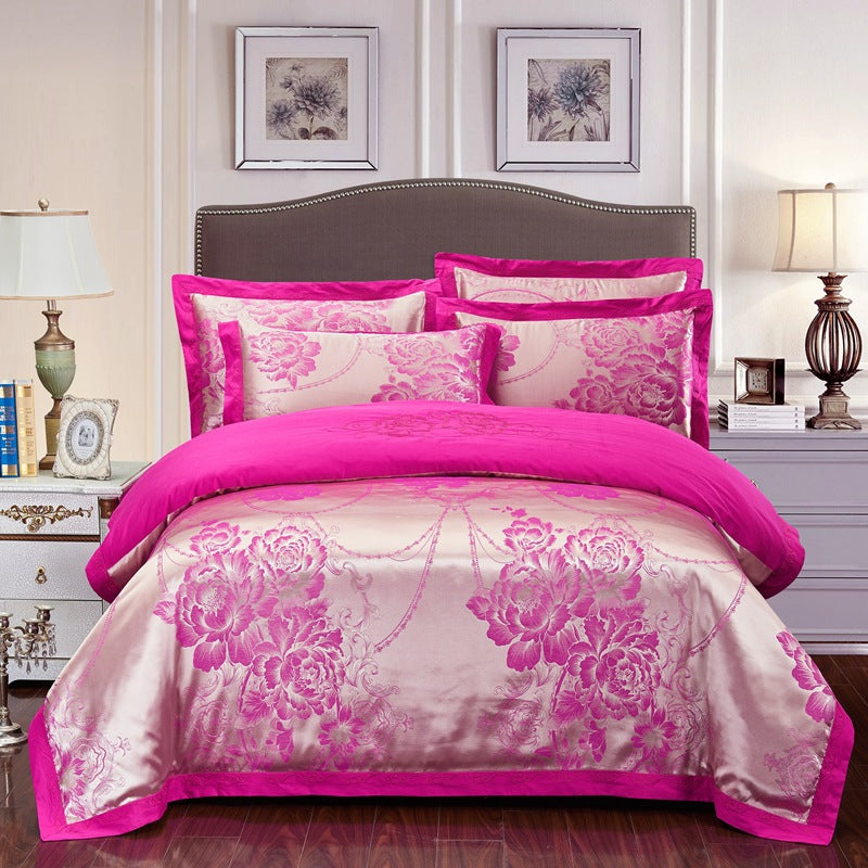Parure de lit 4 pièces en jacquard de coton – Housse de couette et ensemble de draps à broderies florales pour mariage
